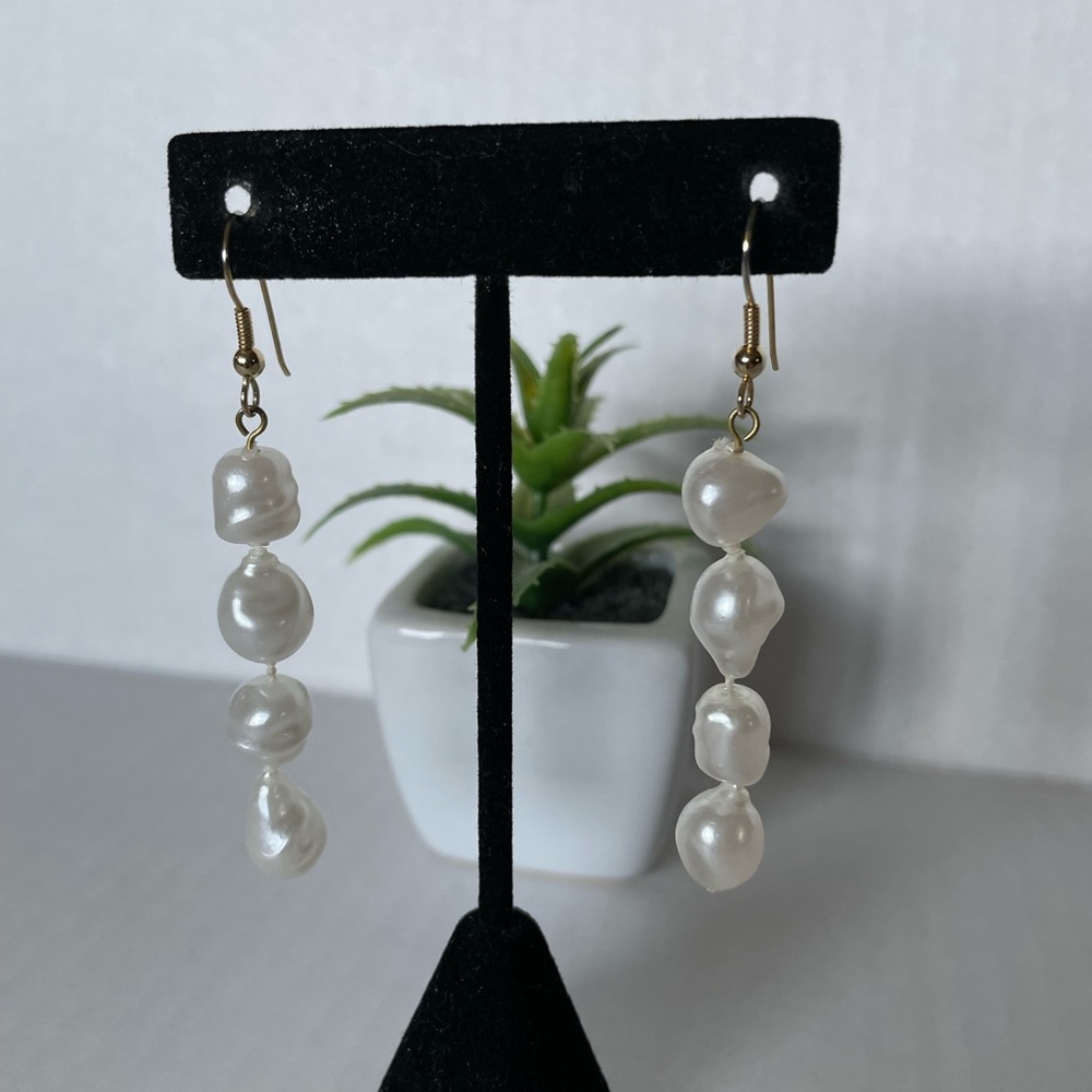 Purple button clip on, Tiny orange diamond shape post, White faux pearl dangling